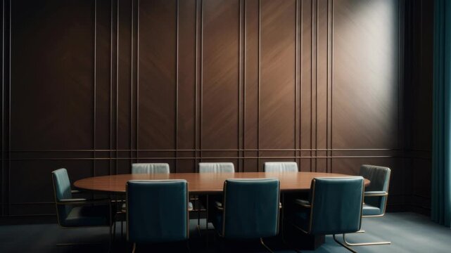 A sleek, modern boardroom with a round table and blue chairs. Captured from a low angle, ideal for a corporate video setting or presentation. Live desktop wallpaper.