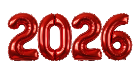 Red balloon 2026, celebration decoration for New Year on transparent background