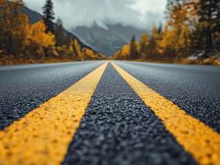 A road with yellow lines and a mountain in the background. The road is empty
