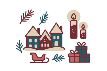 Naklejka premium Set of cute winter holiday icons featuring cozy houses, burning candles, gifts, and festive sleigh