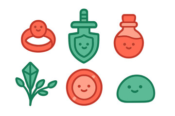 Cute fantasy game items: magic ring, shield, sword, potion, crystal, and coin