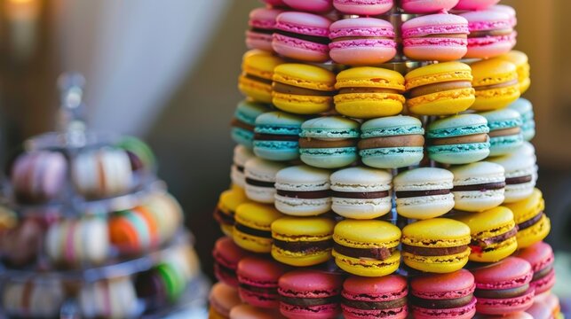 A colorful display of macarons stacked in a pyramid shape. The macarons are in various colors including pink, yellow, blue, and white, showcasing a variety of flavors. - Powered by Adobe
