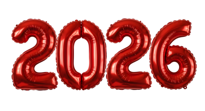 Red balloon 2026, celebration decoration for New Year on transparent background - Powered by Adobe