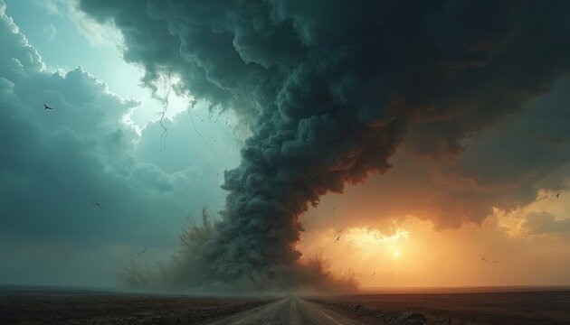 Powerful dark tornado swirls on dirt road in barren dry landscape. Severe storm vortex mixes dust, debris. Dramatic sky shows teal clouds, lightning on left, vivid orange sunset on right. Birds fly