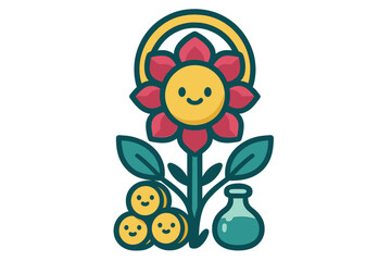Naklejka premium Smiling cartoon flower with halo and leaves growing next to happy coins and a potion bottle