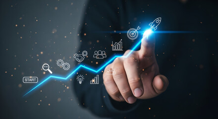 Naklejka premium Business Growth Strategy Innovation Success Hand Touching Line Copy Space