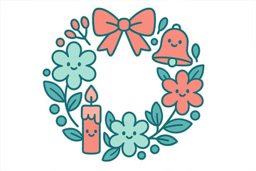 Cute kawaii Christmas and New Year wreath with happy floral elements and festive objects