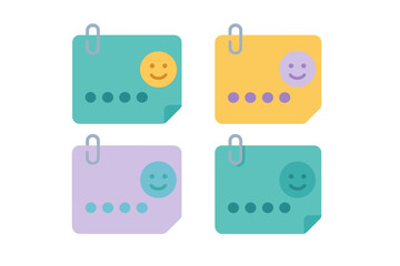 Colorful square reminder notes with paper clips and cheerful smiley face icons for positive feedback
