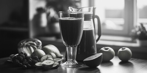 A glass of champagne sitting on a kitchen counter with an assortment of fresh fruit including apples and kiwis in the background, with soft blurred light suggesting it might be evening.