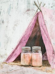 Picture of two jars filled with pink liquid placed outside a pink tent on the ground. The scene conveys an outdoor, camping vibe with a touch of mystery and intrigue.