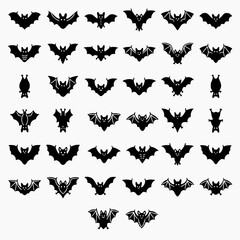 Set of flying bat silhouettes with different wing styles, spooky gothic animal icons for Halloween decoration, dark horror elements, 