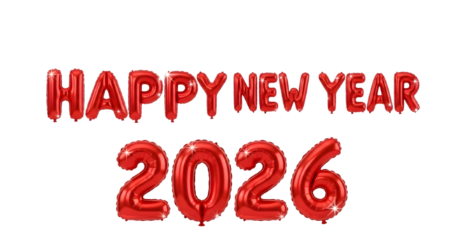 Red balloon 2026, celebration decoration for New Year on transparent background