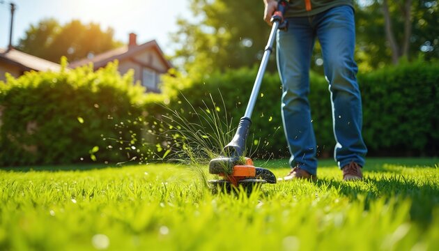 Person uses string trimmer to cut lawn edges in sunny backyard. Green grass clippings fly around weed eater tool. Homeowner performs yard work on bright summer day. Essential garden care, landscape