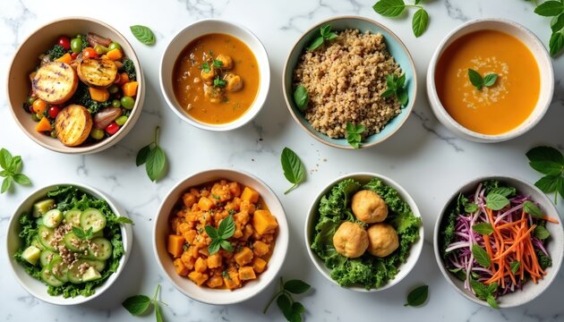 Variety of healthy organic dishes arranged on marble surface. Bowls contain soup quinoa salad grilled potatoes and vegetable stew. Fresh ingredients appear.