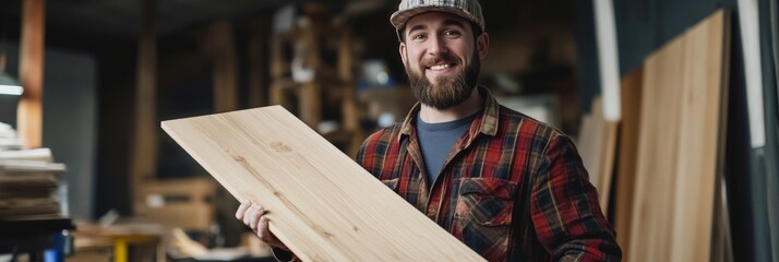 A man holding a piece of wood with expertise and pride.