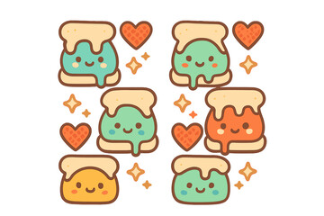 Fototapeta premium Adorable melting food characters set surrounded by hearts and sparkling stars in pastel colors