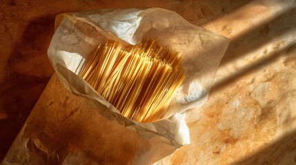 A close up of uncooked spaghetti in a white paper wrapper on a wooden surface in warm lighting