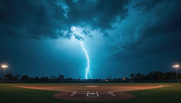 Empty baseball field at night under dramatic stormy sky. Powerful lightning bolt strikes during fierce thunderstorm. Stadium floodlights illuminate green grass, dirt diamond. Canceled game highlights