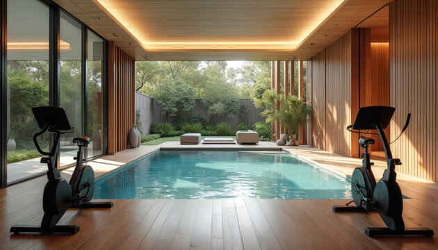 Modern luxurious house interior features private gym area with two exercise bikes, large swimming pool. Floor-to-ceiling windows showcase rich outdoor garden. Interior space perfectly blends fitness,