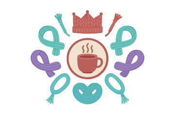 Cozy winter collection featuring knitted hat, colorful scarves, and steaming hot drink mug