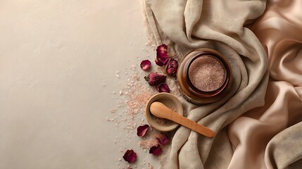 Overhead shot of spa essentials with rose petals and a wooden spoon on a beige background