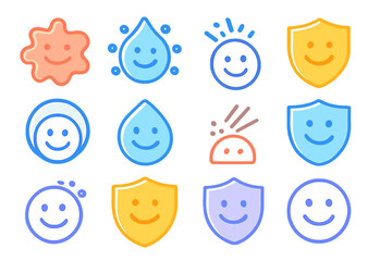 Colorful icons set representing protection, safety, hygiene, and positive emotions