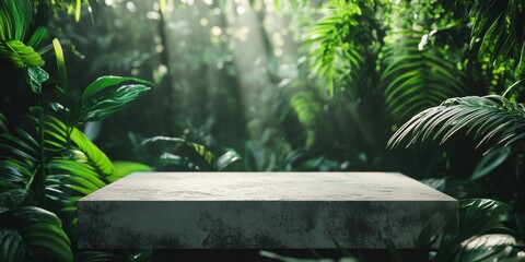 A mysterious stone bridge amidst a lush tropical forest with sunlight streaming through the canopy