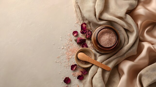 Overhead shot of spa essentials with rose petals and a wooden spoon on a beige background