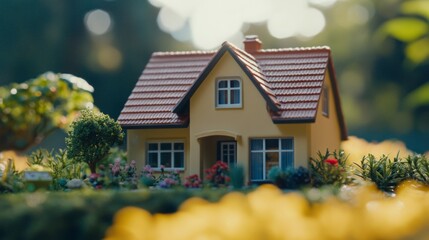 Miniature model of quaint house nestled among vibrant flowers and lush foliage.