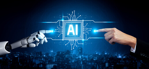 Naklejka premium AI Assistant Brain Processor with LLM Technology, Big Data, Machine Learning, Generative AI for Business Support, Future Agentic AI Technology and Artificial Intelligence Prompt Engineering. Vouch