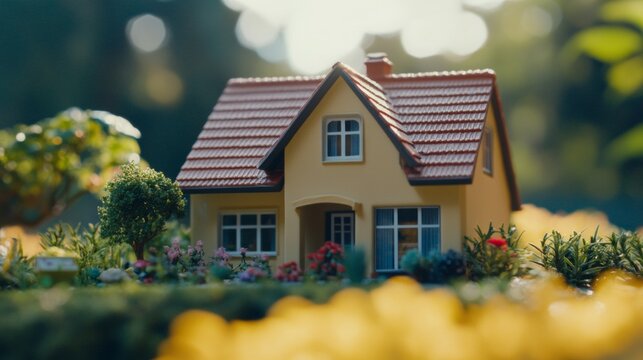 Miniature model of quaint house nestled among vibrant flowers and lush foliage.