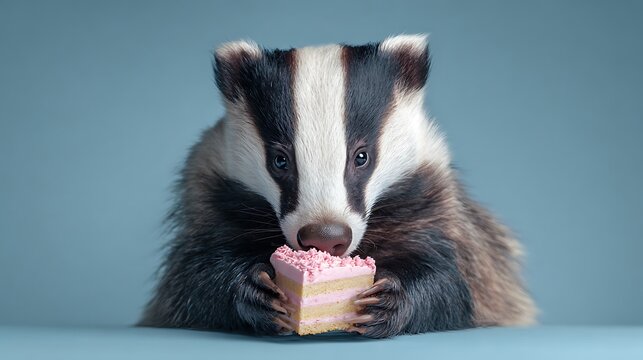 A badger with black and white stripes eating a pink cake on a blue background in a studio setting