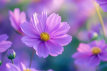 A captivating field of purple flowers with yellow centers set against a soft blurred backdrop. This image exudes natural beauty and tranquility.