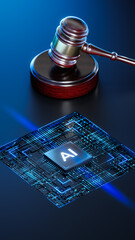 Artificial Intelligence AI and Legal Systems: Judge's Gavel Hammer as a Symbol of Law and Order with Processor CPU AI Chip