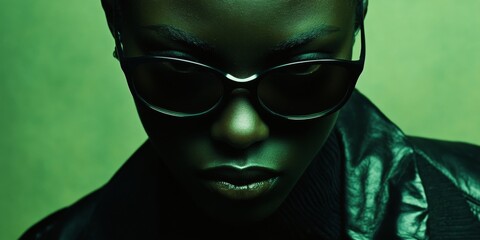 Stylish individual exuding confidence in sunglasses and leather jacket against a vibrant backdrop.