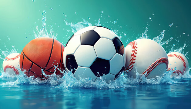 Multiple sport balls including basketball soccer, baseball are submerged in water creating dynamic splashes. Refreshing aqua background emphasizes motion, activity. Great for sports related themes.