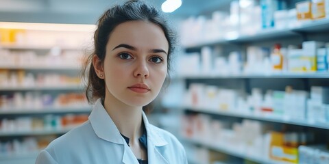 A woman wearing a white lab coat standing inside a pharmacy.
