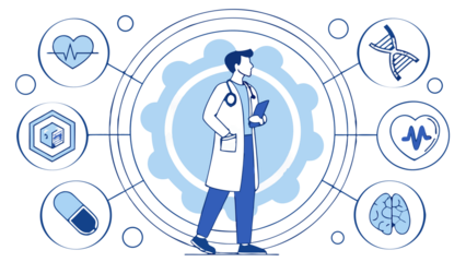 Illustration of a doctor surrounded by medical icons on a black background design concept art created with generated ai