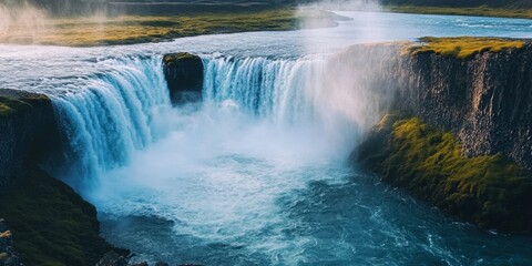A stunning view of cascading waters against rugged cliffs.
