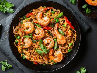 Delicious shrimp stir-fry with noodles, red peppers, and onions in a flavorful sauce