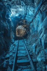 An abandoned mine tunnel illuminated by a faint blue light.
