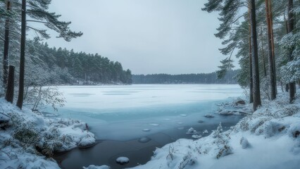 Frozen lake scene surrounded by snowy pine trees under overcast sky