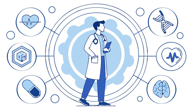 Illustration of a doctor surrounded by medical icons on a black background design concept art created with generated ai