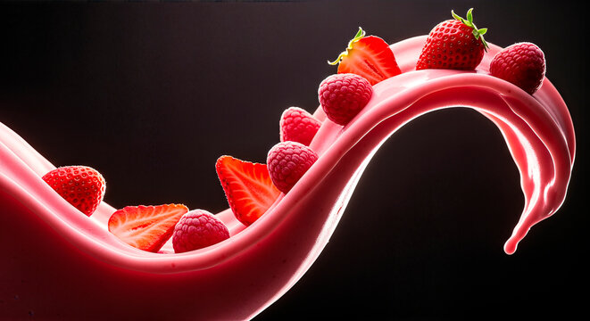 Vibrant swirl of pink yogurt with fresh strawberries and raspberries cascading, creating a dynamic visual flow, emphasizing freshness and flavor in a creative food presentation