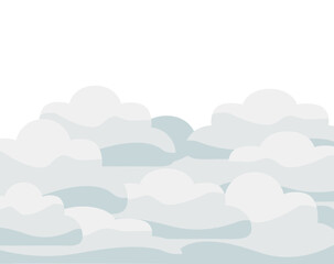 Cartoon style layered illustration of fluffy clouds or fog bank against a white sky background
