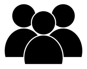 Solid black silhouette vector icon representing a group of three people or a team. Symbol of a crowd, user base, or social network group