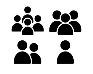 Set of four black silhouette vector icons representing groups of people, pairs and single user. Audience size, team management, social networking or profile avatars