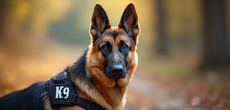 German Shepherd dog wearing K9 vest stands alert in blurred autumn forest. Loyal canine guard on duty, ready for action, trained for police or military tasks.