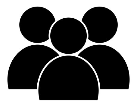 Solid black silhouette vector icon representing a group of three people or a team. Symbol of a crowd, user base, or social network group