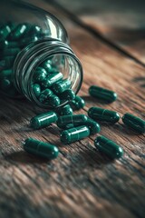 A bottle of pills is open and scattered on a wooden table. The pills are green and appear to be pills for a health supplement